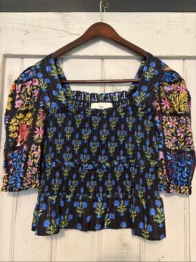 Printfresh Black Smocked Top with Blue & Green Floral Print